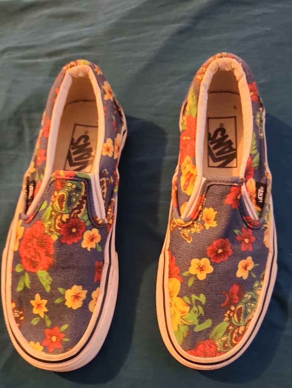 Vans Kids Floral Slip-On Sneakers - Blue with Red & Yellow Flowers
